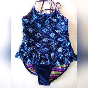 Blue Patterned Swimsuit with Colorful Accents